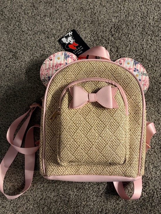 Disney Other - Disney Pink-Trim Straw Kids Backpack with Floral Ears and Bow